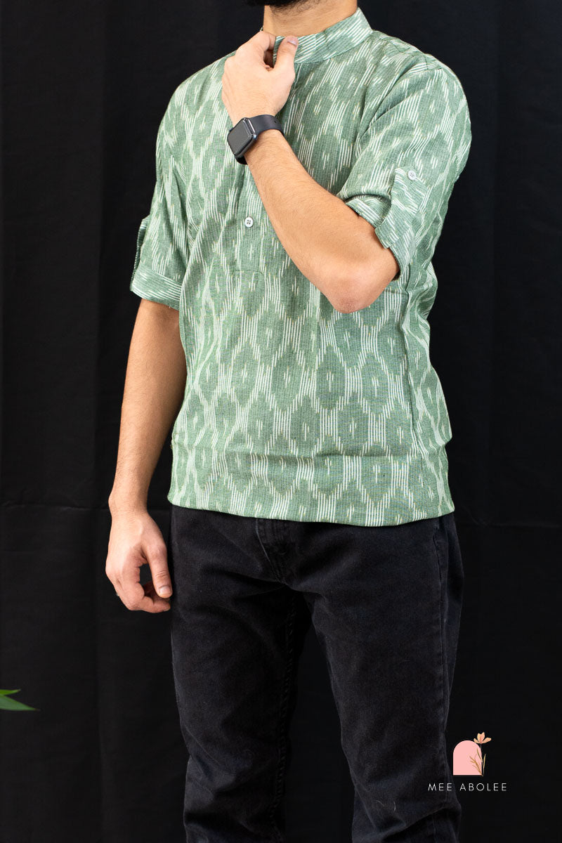 Ojal Half Sleeves Shirt with Mandarin Collar in Sage