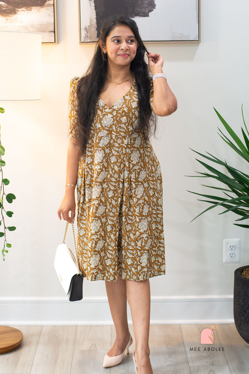 Raashi Semi-Casual Midi Dress in Earthen Gold