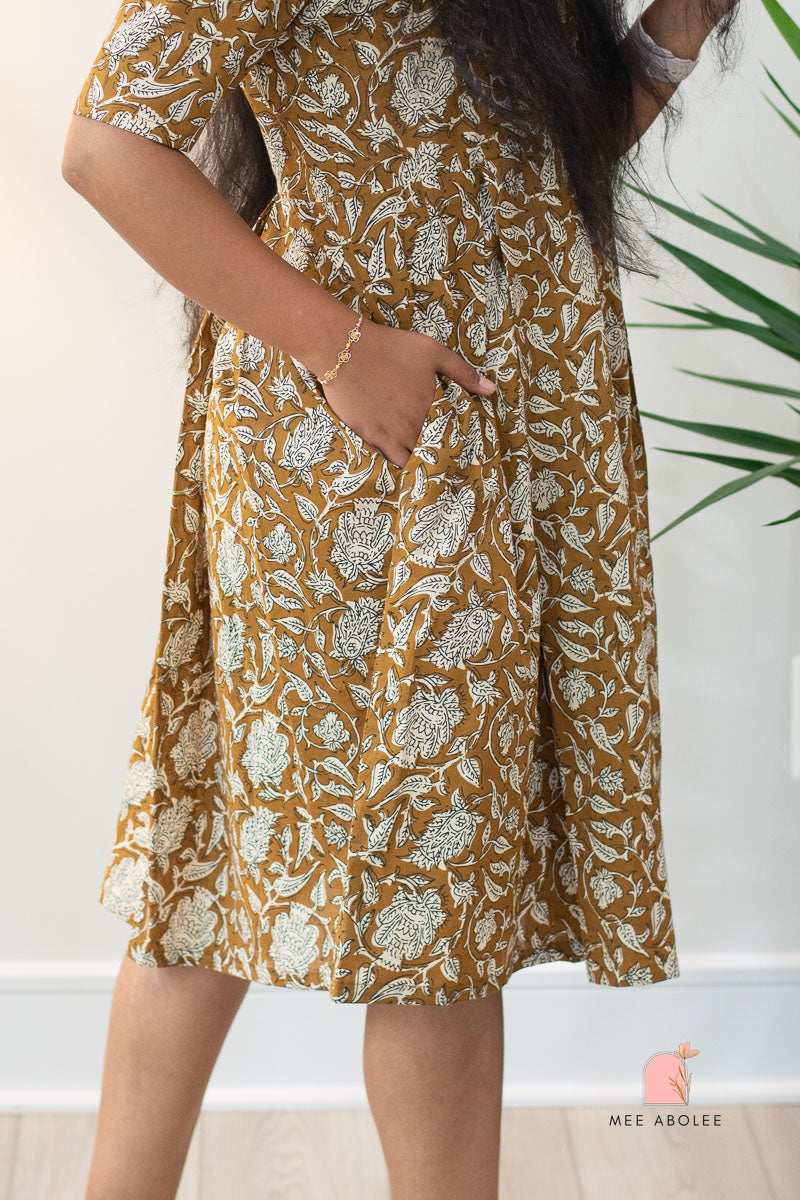 Raashi Semi-Casual Midi Dress in Earthen Gold