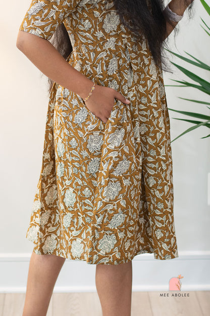 Raashi Semi-Casual Midi Dress in Earthen Gold