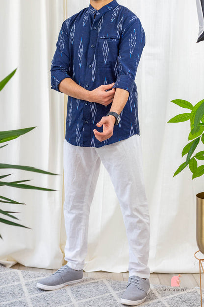 Vishu Full Sleeves Shirt With Mandarin Collar in Deep Sapphire