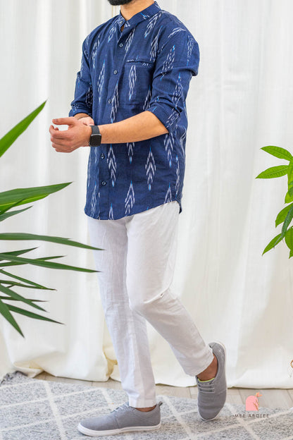 Vishu Full Sleeves Shirt With Mandarin Collar in Deep Sapphire