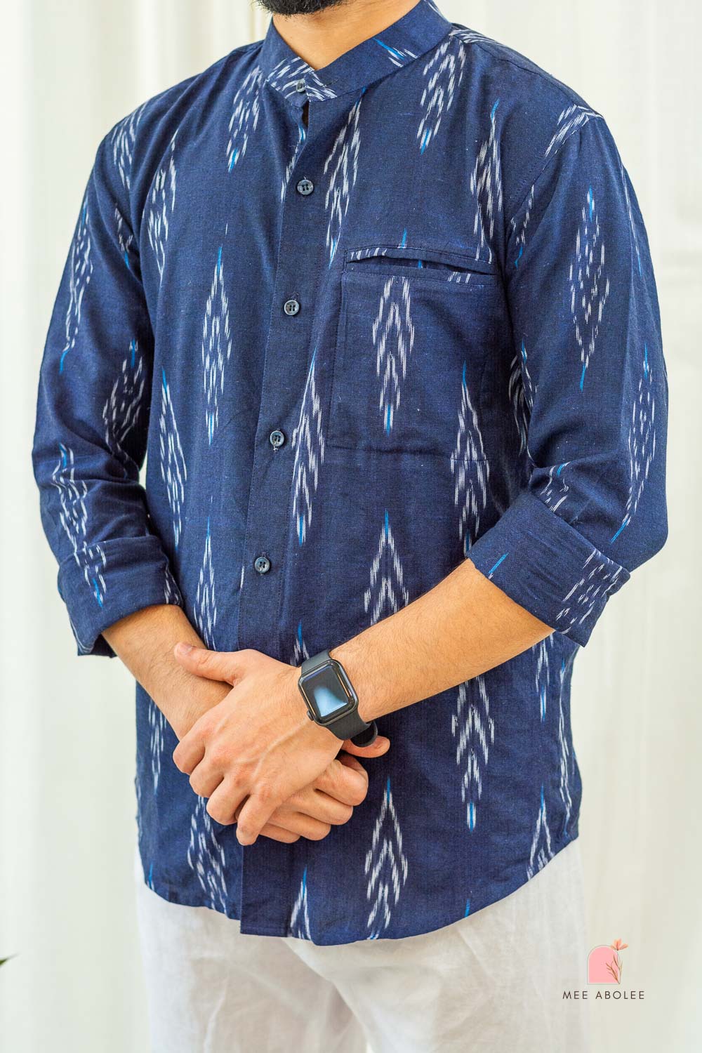 Vishu Full Sleeves Shirt With Mandarin Collar in Deep Sapphire