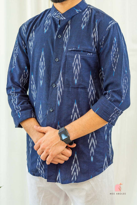 Vishu Full Sleeves Shirt With Mandarin Collar in Deep Sapphire
