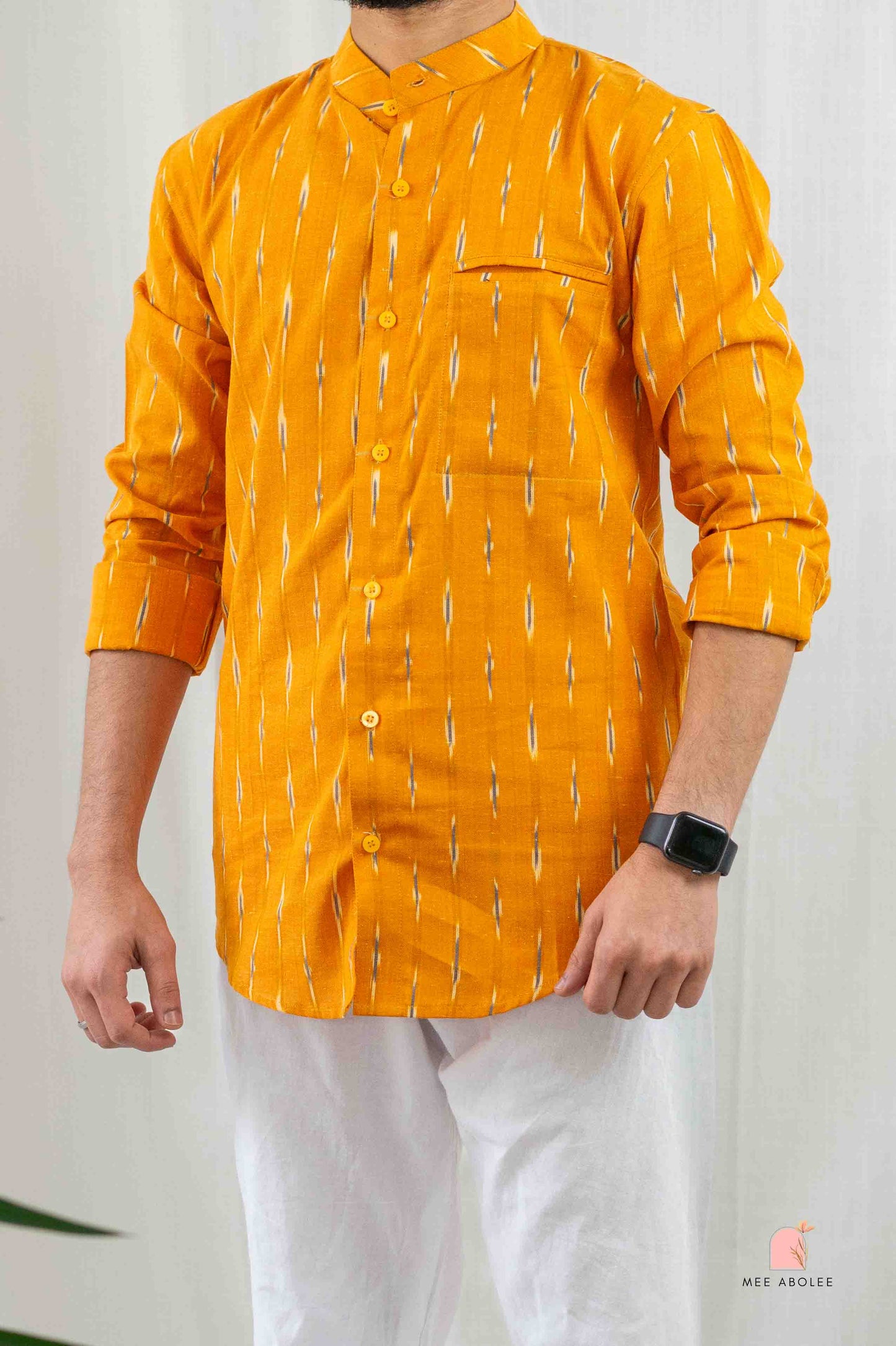 Vishu Full Sleeves Shirt With Mandarin Collar in Apricot