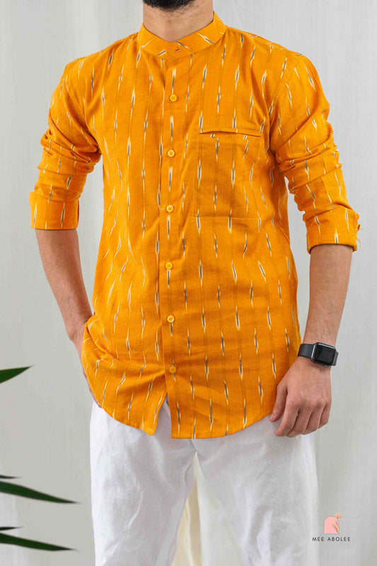 Vishu Full Sleeves Shirt With Mandarin Collar in Apricot