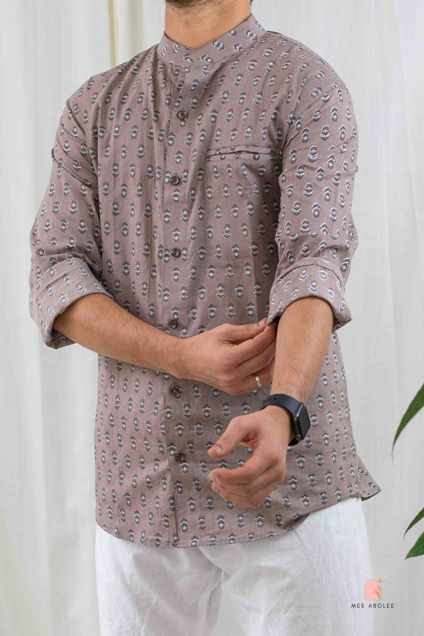 Vishu Full Sleeves Shirt With Mandarin Collar in Polka Buds