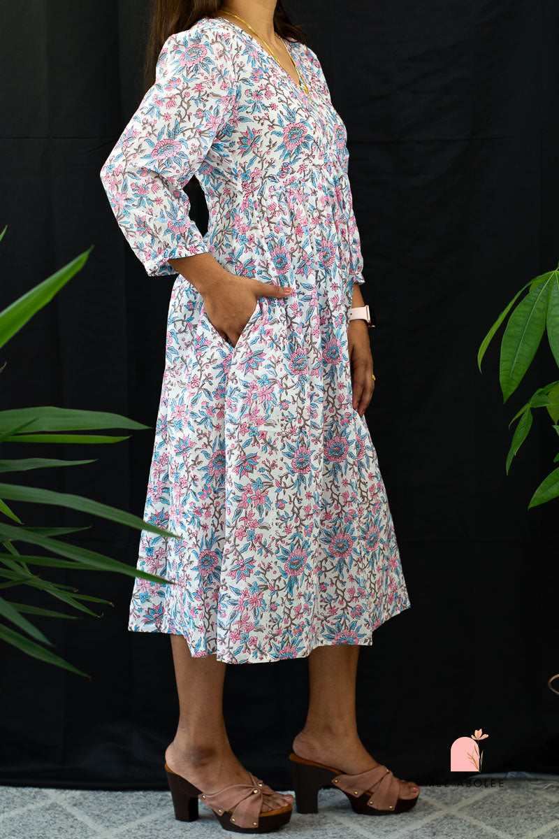 Kaaveri V-neck Midi Dress in Blue Mayflowers