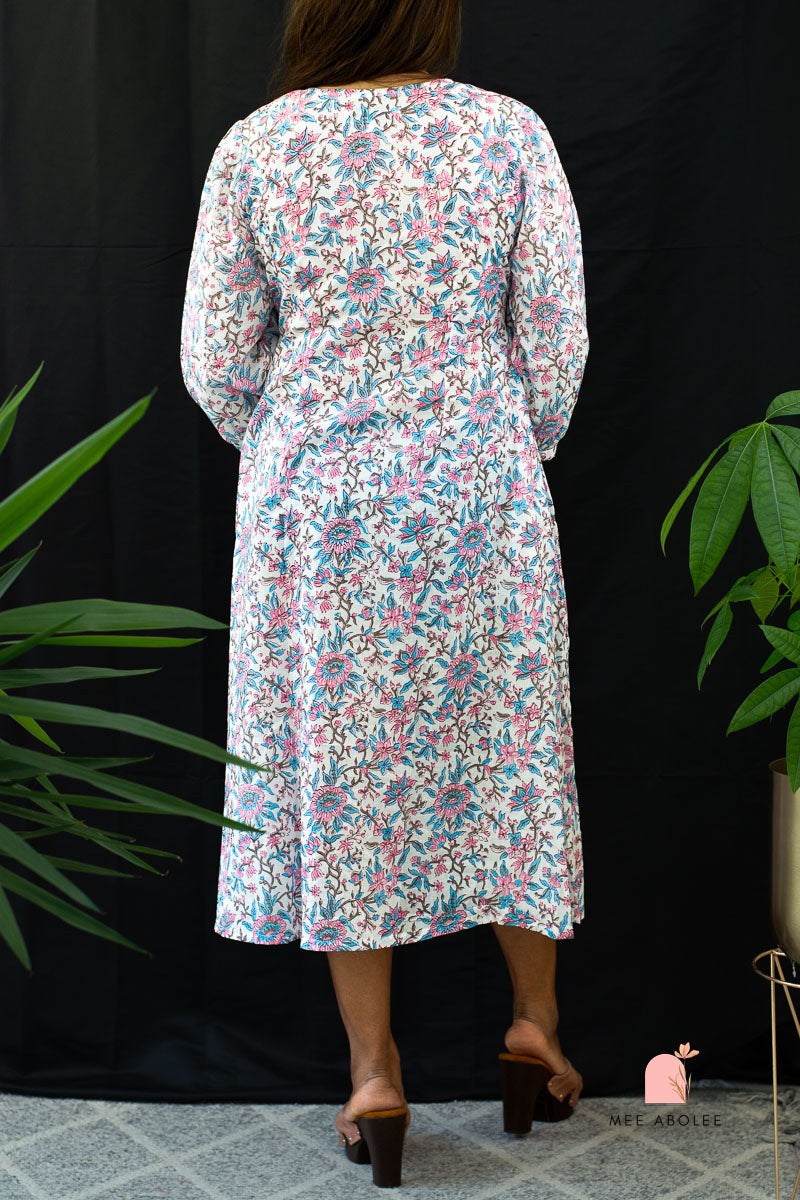 Kaaveri V-neck Midi Dress in Blue Mayflowers