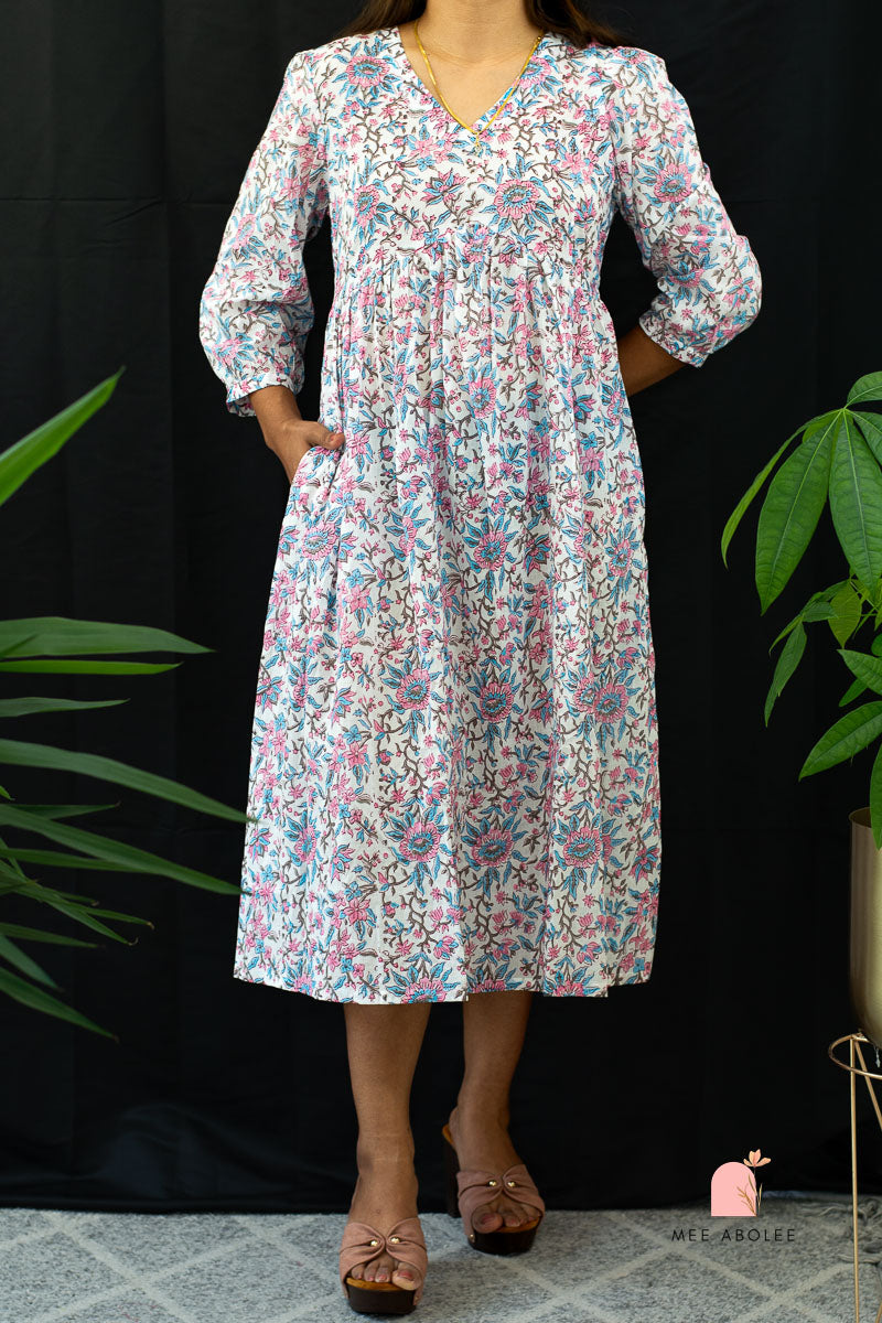 Kaaveri V-neck Midi Dress in Blue Mayflowers