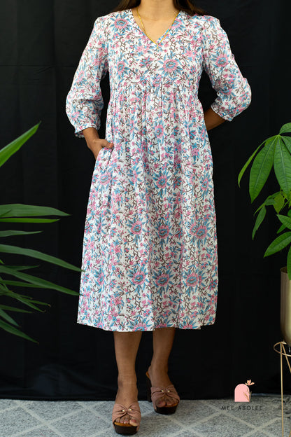 Kaaveri V-neck Midi Dress in Blue Mayflowers
