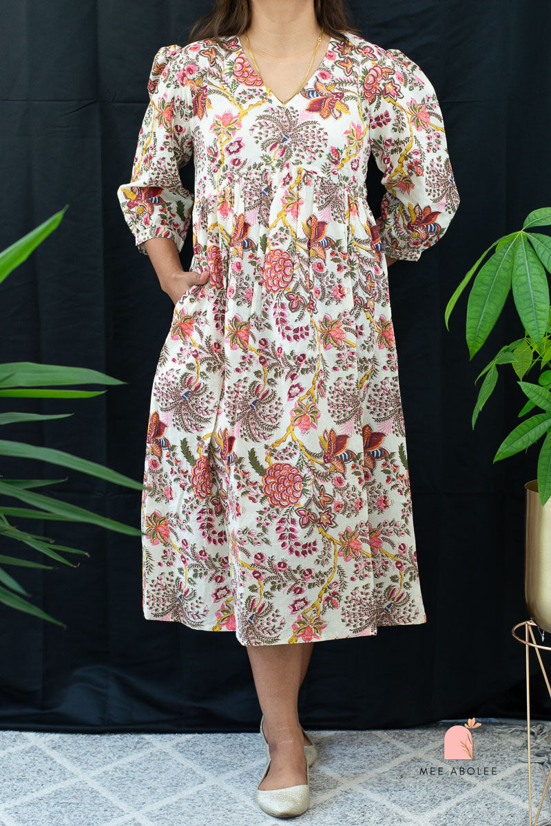 Kaaveri V-neck Midi Dress in Gardens of Jaipur