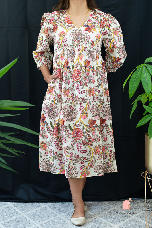 Kaaveri V-neck Midi Dress in Gardens of Jaipur