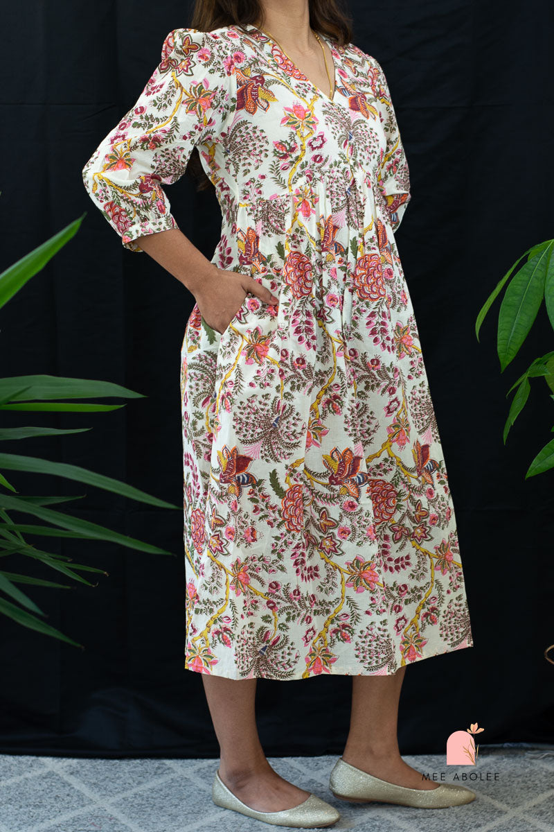Kaaveri V-neck Midi Dress in Gardens of Jaipur