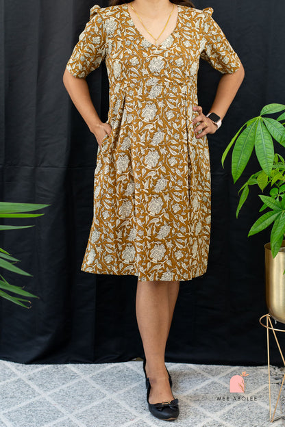 Raashi Semi-Casual Midi Dress in Earthen Gold