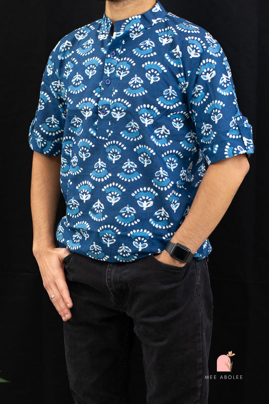 Ojal Half Sleeves Shirt with Mandarin Collar in Indigo Zinnia