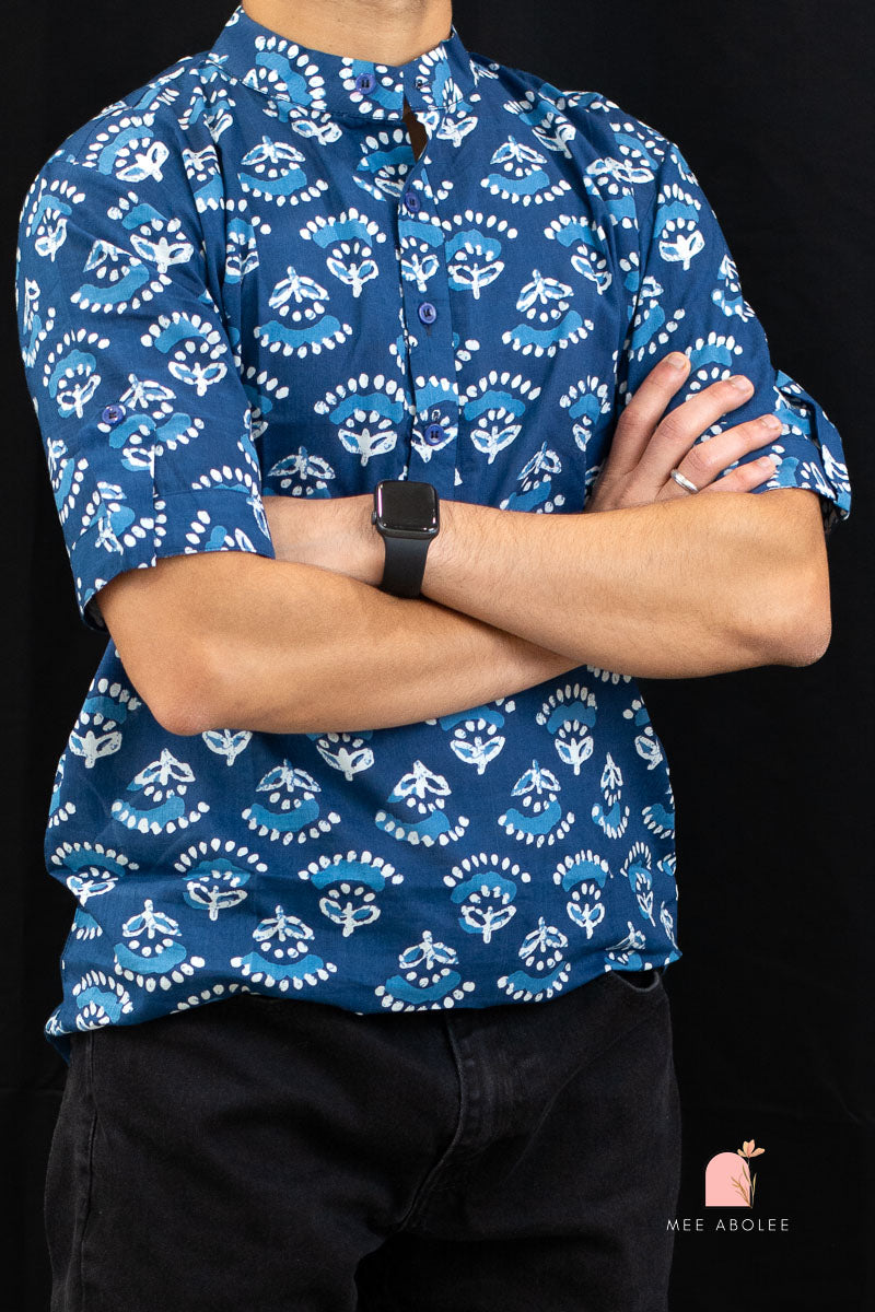 Ojal Half Sleeves Shirt with Mandarin Collar in Indigo Zinnia