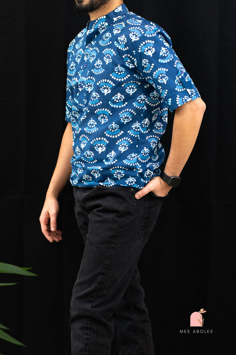 Ojal Half Sleeves Shirt with Mandarin Collar in Indigo Zinnia
