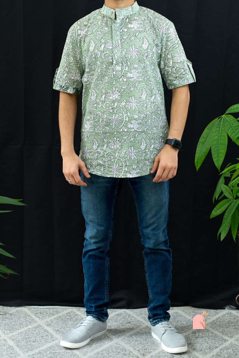 Ojal Half Sleeves Shirt with Mandarin Collar in Powder Green