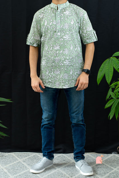 Ojal Half Sleeves Shirt with Mandarin Collar in Powder Green