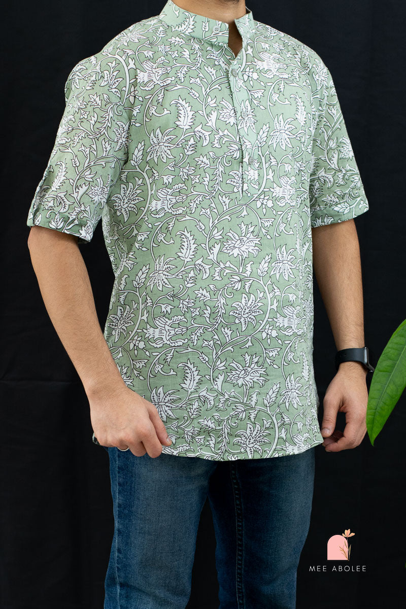 Ojal Half Sleeves Shirt with Mandarin Collar in Powder Green