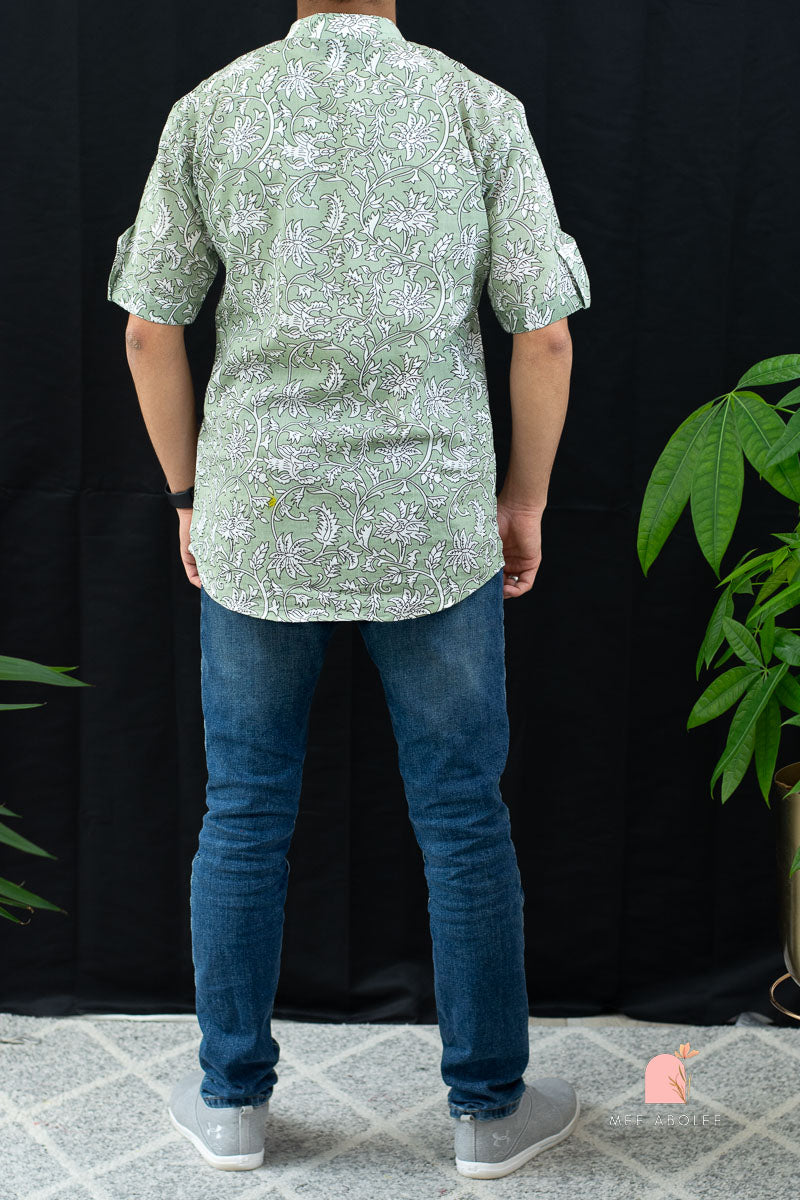 Ojal Half Sleeves Shirt with Mandarin Collar in Powder Green