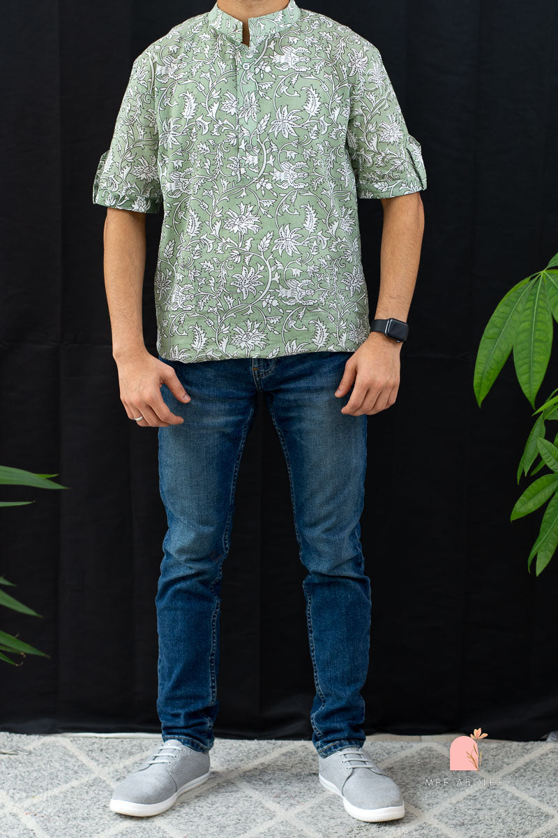 Ojal Half Sleeves Shirt with Mandarin Collar in Powder Green