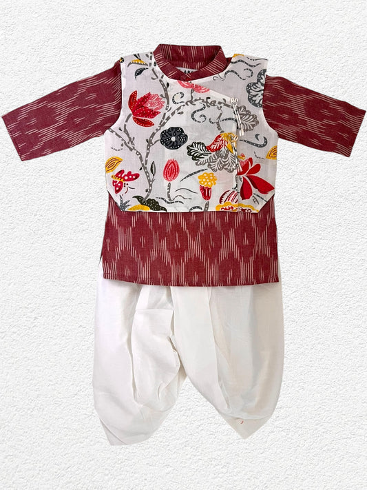 "Veeru" Kurta dhoti set in Red ikkat